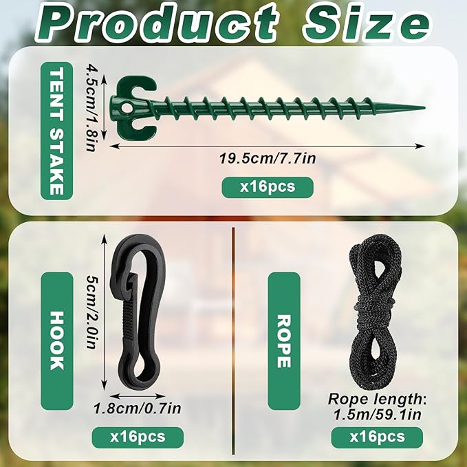 48 Pieces Plastic Inflatable Stakes Set Plastic Tent Stakes with Hooks & Ropes Camping Stakes Duty Tent Pegs for Halloween Christmas Yard Inflatables Sturdy Tent Canopy Stake (Green)
