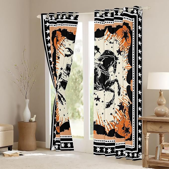 Manfei Western Blackout Curtains Southwestern Country Horse Cowboy Window Drapes,Rustic Farmhouse Window Treatments,Kids Boys Girls Room Decor,Grommet Top 2 Panel Set Bedroom Curtains, 52Wx96L inch