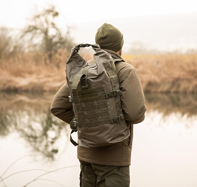 Mil-Tec Unisex 30L Tactical Seals Dry Bag - Secure Rugged Durable Waterproof Outdoor Kayaking Boating Camping Hiking MOLLE Backpack with Adjustable Wide Shoulder Straps & Padded Back, Olive Drab