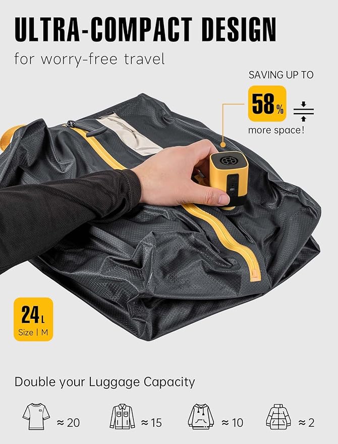 Vacuum Bags for Travel w/Rechargeable Pump, 24L Reusable Vacuum Compression Bag Packing Cubes for Carry-On Suitcase & Backpack, IP67 Waterproof Space Saver Vacpack Storage Kit (3 Pack+Pump)
