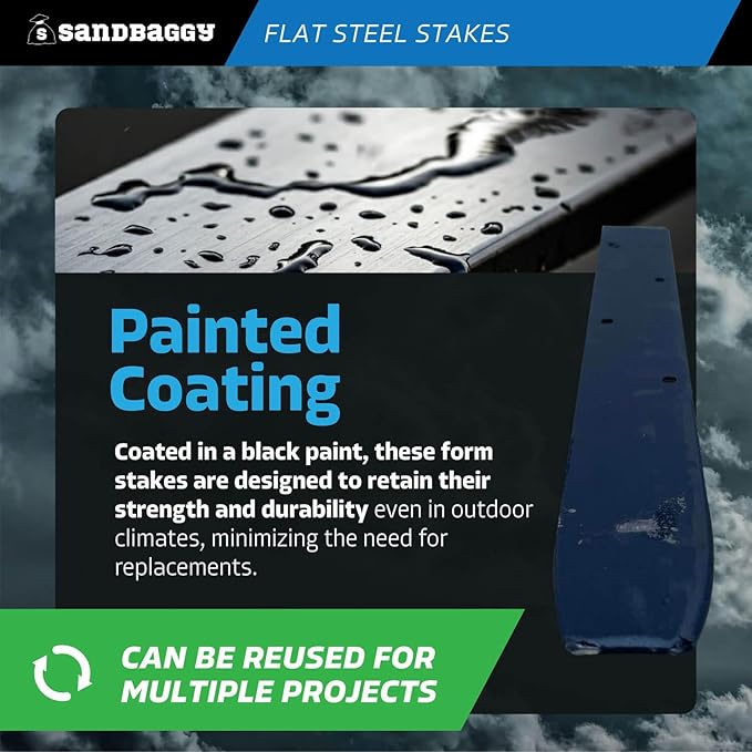 Sandbaggy Flat Steel Stakes for Concrete Forms with Nail Holes - 1.5" Wide - Painted - Removable, Reusable, V Point End - Construction Grade Stakes (10, 60 inch)