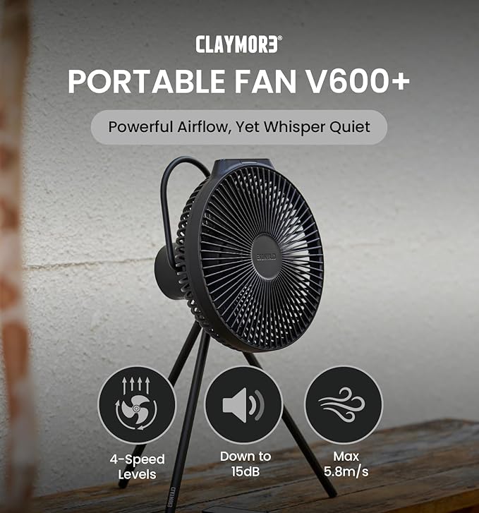 Claymore V600+ Black Rechargeable Portable Fan – 7,800mAh Battery, 4-Speed BLDC Ultra-Quiet Air Circulator USB-C Charging 32 Hrs Runtime Tripod Mountable Adjustable for Camping, Indoor, Outdoor