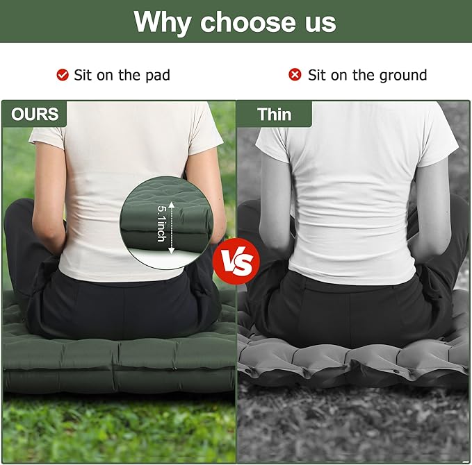 5.1" Thick Double Sleeping Pad with Foot Pump & Pillow, 77.5x53.9 2-Person Air Mattress for Camping, Ultralight & Compact for Backpacking, Hiking, Car Travel，Military Green