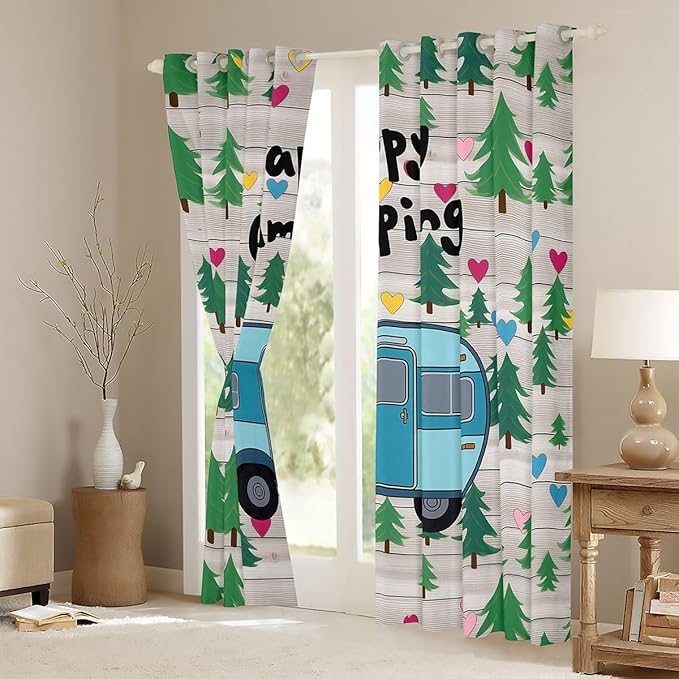 Erosebridal Happy Camping Blackout Curtains for Bedroom Living Room Blue Camper Rv Window Curtains 2 Panels 42" Wx90 L Vehicles Camping Decor Drapes,Watercolor Tree Mountain Window Treatments