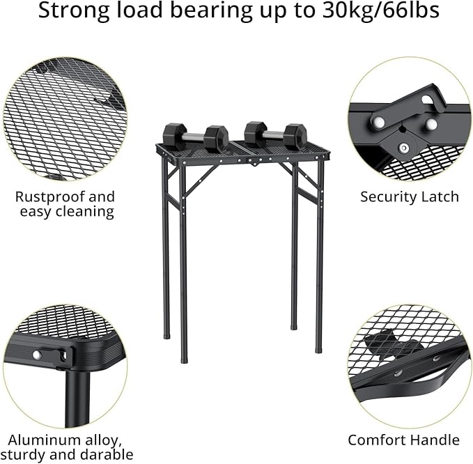 2ft Folding Grill Table Max 29.5", 3 Adjustable Heights Metal Threaded More Stable Lightweight Camping Table Heat-Resistant with Handle, for Cooking BBQ Outdoor Travel, 22.8" X 16", Black