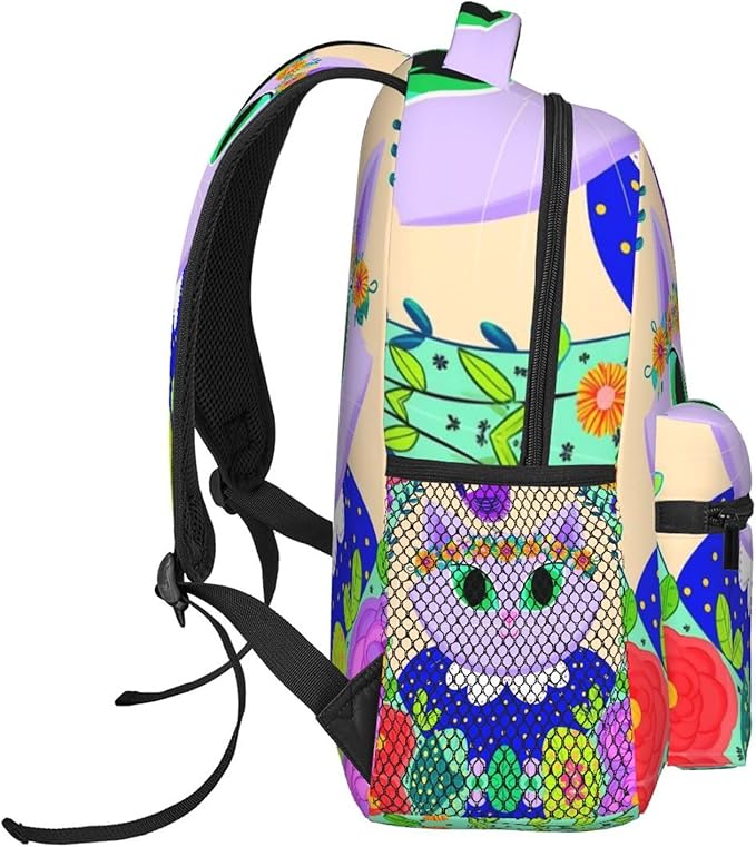 Men Women Polyester Cartoon Cats Birds Flowers Childlike And Dreamy Art Daypack Backpack Large Capacity Carry On Bag With Smooth Zippers for Hiking Picnic Walking Cycling