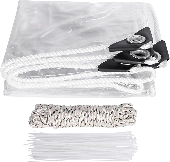 Clear Tarps Heavy Duty Waterproof, 15Mil Transparent PVC Vinyl Tarpaulin with Grommets, Ropes, Reinforced Edge, Tear-Resistant, Anti-UV for Greenhouse, Patio, Garden, Porch, Pavilion, Outdoor