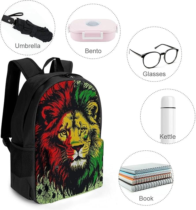 Supdreamc Rucksack Anti-Theft Multipurpose Big Capacity Carry On Bag, Rasta Flag Black Paint Splatter Lion Traveling Camping Backpack With Side Pockets