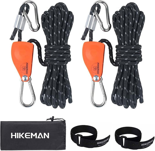 Hikeman Camping Rope with Ratchet Pulley,Quick Setup Outdoor Guy Lines Adjustable Tent Tie Downs Rope Hanger for Canopy,Kayak and Canoe,Grow Light (Black)