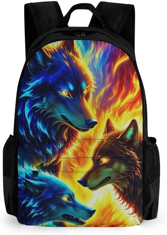 Supdreamc Men Women Lightweight Ice And Fire Flaming Cool Wolf Casual Daypack Big Capacity Bookbag With Padded Straps for Gym Travel Walking Cycling