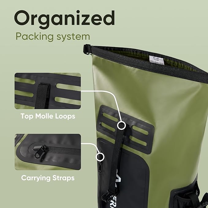 Dry Bag 35L for Men & Women Roll-Top Hiking Backpack with IPX8 Waterproof Phone Case & Detachable Mini Backpack for Kayaking Boating Cushioned Padded Back Green