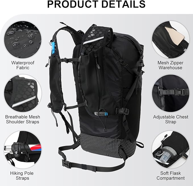 IX INOXTO Hiking Backpack 15L/22L Ultra Lightweight Packable Travel Backpack Small Waterproof Foldable Outdoor Day Pack with Two 500ML soft flasks for Men Women (Black)
