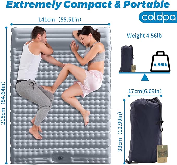 Self-Inflating Double Sleeping Mat, 2 Person Camping Mattress, Portable Double Mattress, Camping Mat, Built-In Foot Pump, Backpacking Hiking, Beach, Grass, etc. 84.64''X51.51'' Upgrade version(Grey)