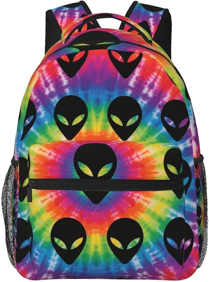 Men Women Polyester Tie Dye Alien Daypack Backpack Large Capacity Carry On Bag With Smooth Zippers for Hiking Picnic Walking Cycling