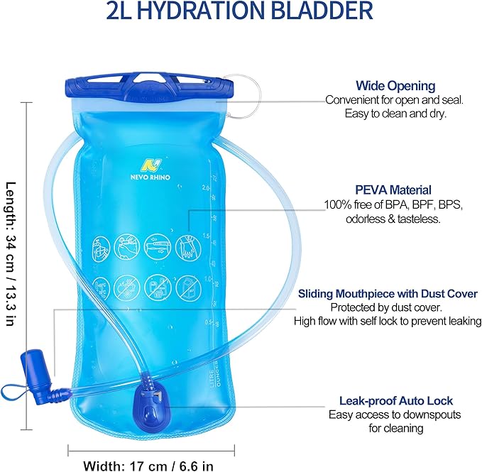 N NEVO RHINO Hydration Bladder1.5L- 2L-3L Leak Proof Water Reservoir, BPA -Free Water Pouch, Water Bladder for Hydration Pack，Hiking Backpack