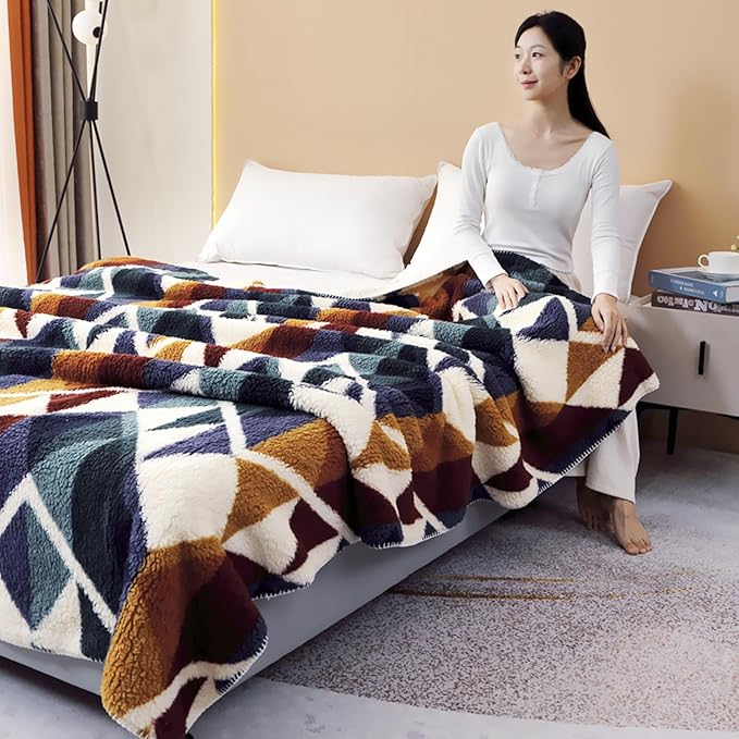 UKELER Boho Sherpa Fleece Blanket 80'' × 90'', Ultra Soft Aztec Queen Blanket for All Season, Cozy, Plush, Bohemian Throw Blanket for Bed/Couch/Sofa/Office/Camping