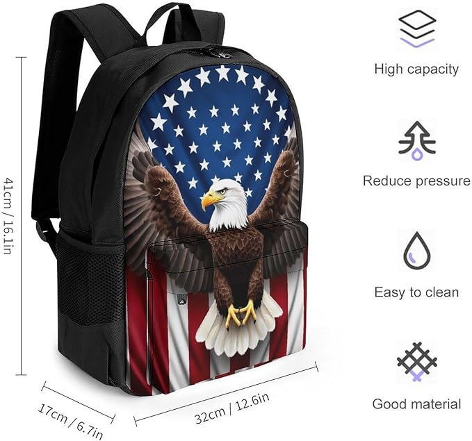 Supdreamc Shoulder Book Bags Polyester Multipurpose Anti-Theft American Eagle Flag Carry On Bag Large Capacity Travel Hiking Camping Rucksack