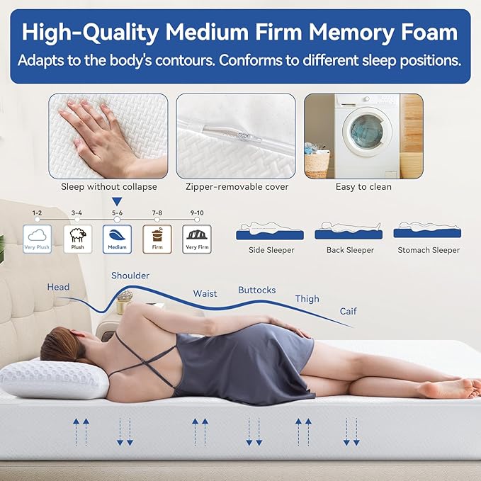 Full Size Memory Foam Mattress 10 Inch with Tencel Cover, Premium Cooling Green Tea/Gel Medium Firm Bed-Mattress in a Box, Pressure Relief Comfort, Made in USA, CertiPUR-US 75'' x 54''