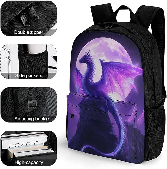 Adults Lightweight Purple Dragon Art Rucksacks Large Capacity Bookbag With Adjustable Shoulder Straps for Trekking Outdoors Bicycle