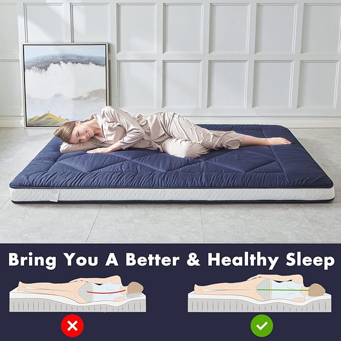 Japanese Foldable & Portable Roll-up Camping Mattress, Blue Twin