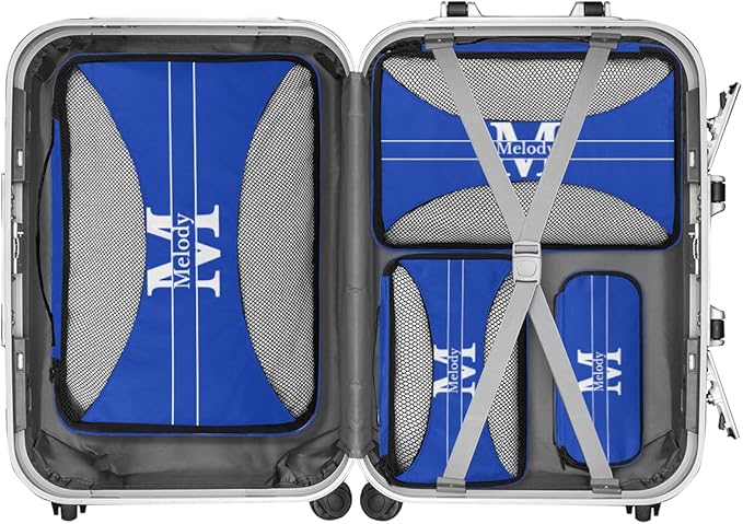 Custom 4 Packing Cubes Set, Lightweight Mesh Travel Luggage Organizers for Travel, 4 Pieces Suitcase Storage Bags, Navy Blue with Initial letter