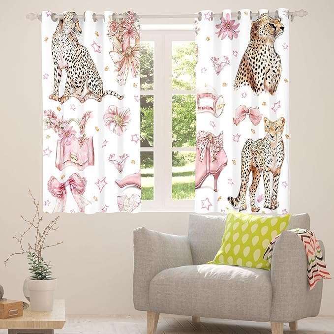Pink High Heels Window Curtain | Cheetah Diamond Bowknot Window Drapes for Boys Bedroom Decor,Girly Princess Blackout Curtains Dreamy Coquette Living Room Top 2 Panels,42Wx63L