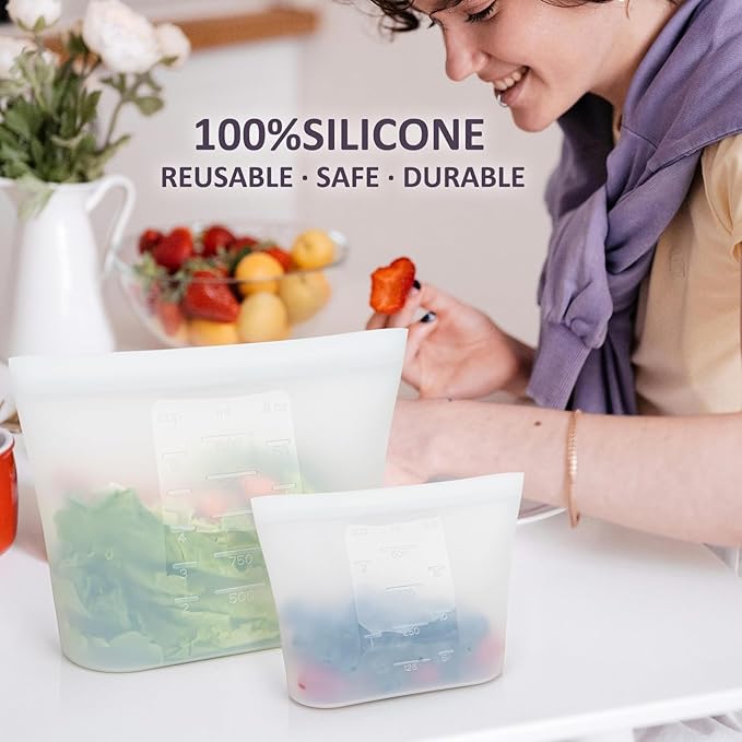 8-Pack Reusable Silicone Food Storage Bags, 100% Silicone Stand-Up Wide-Open Zip-Lock Reusable Storage Bags for Food, Freezer Microwave Oven Dishwasher Safe, Translucent, 4M 2S 2XS