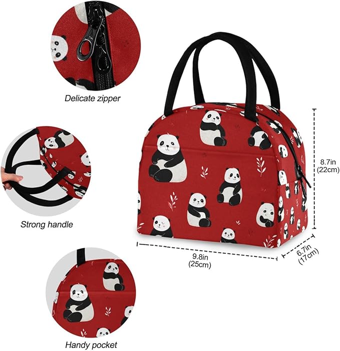 Kcldeci Kids Lunch Bag Insulated Lunch Box for Boys Girls Bear Panda on Red Reusable Toddler Leak-proof Lunchbox for School and Daycare