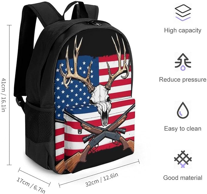 Lightweight Daypack Bookbag for Trekking Business Walking Cycling, Big Capacity Anti-Theft Multipurpose Carry On Bag, Hunting Deer Usa American Flag Black Business Computer Bag