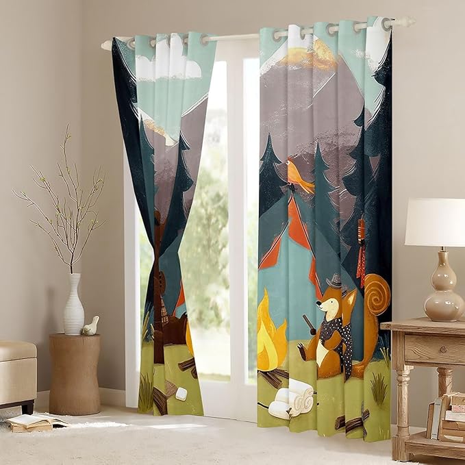 Feelyou Happy Camping Blackout Curtains Cute Bear Fox Animal Darkening Drapes for Bedroom Living Room Decor Camper Theme Thermal Insulated Shades Window Treatments, 2 Panels 52 x 96 Inch