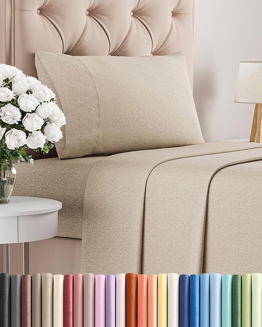 Twin Size 3 Piece Sheet Set - Comfy Breathable & Cooling Bed Sheets Set - Hotel Luxury Bedding for Women, Men, Kids, Teens, Boys & Girls - Deep Pockets, Soft & Wrinkle Free - Beige (Heathered Sheets)