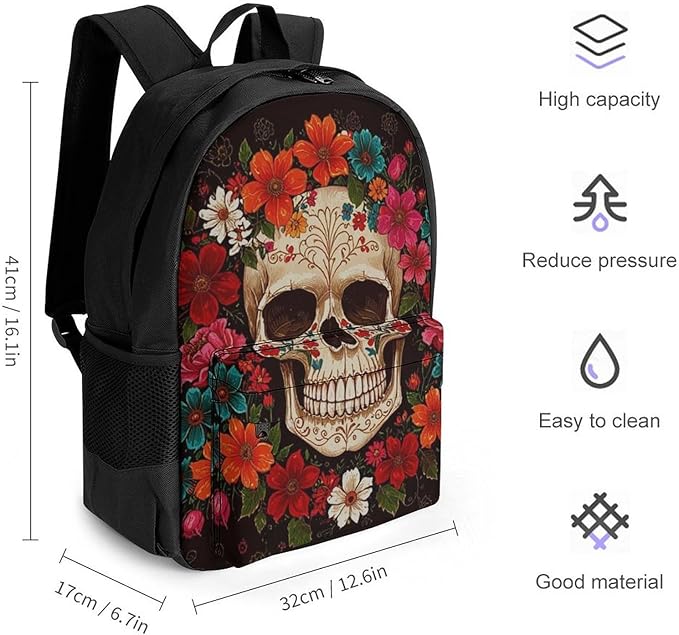 Men Women Lightweight Red Colorful Flowers Sugar Skull Backpack Large Capacity Carry On Bag With Padded Straps for Sports Work Walking Cycling
