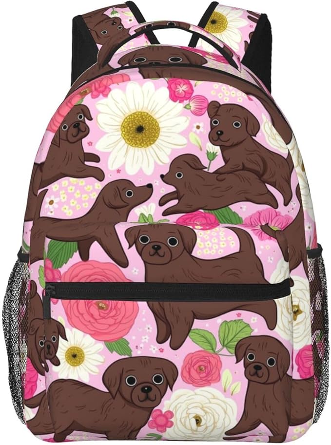 Lightweight Daypack Backpack for Sports Travel Running, Large Capacity Multipurpose Anti-Theft Bookbag, Golden Retriever Dog Pink Flower Laptop Backpack Daypack