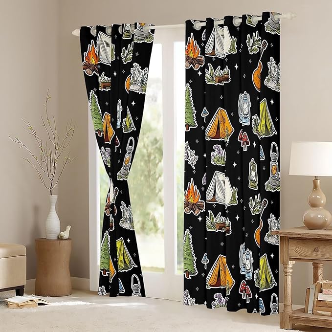 Feelyou Black Camping Camper Curtains for Bedroom Living Room Campfire Music Guitar Blackout Darkening Drapes Happy Camping Window Treatments, 2 Panels 52 x 63 Inch Room Decor