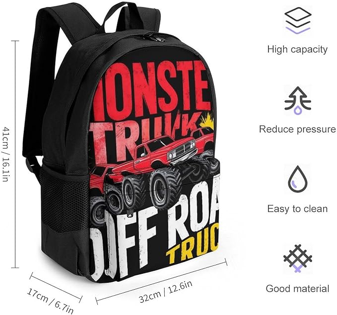Polyester Daypack for Hiking Work Running, Big Capacity Anti-Theft Multipurpose Shoulder Bag, Monster Truck Car Red Black Travel and Sport Backpack Rucksack