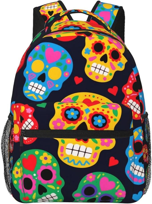 Men Women Lightweight Mexican Sugar Skulls Backpack Large Capacity Bookbag With Smooth Zippers for Gym Business Running