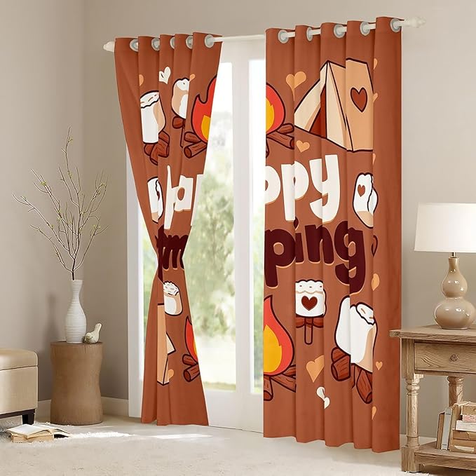 Erosebridal Camper Window Curtains 52" Wx84 L Happy Camping Blackout Curtains for Bedroom Living Room,Camping Tent Window Treatments Adventure Campfire Marshmallows Drapes Decor 2 Panels