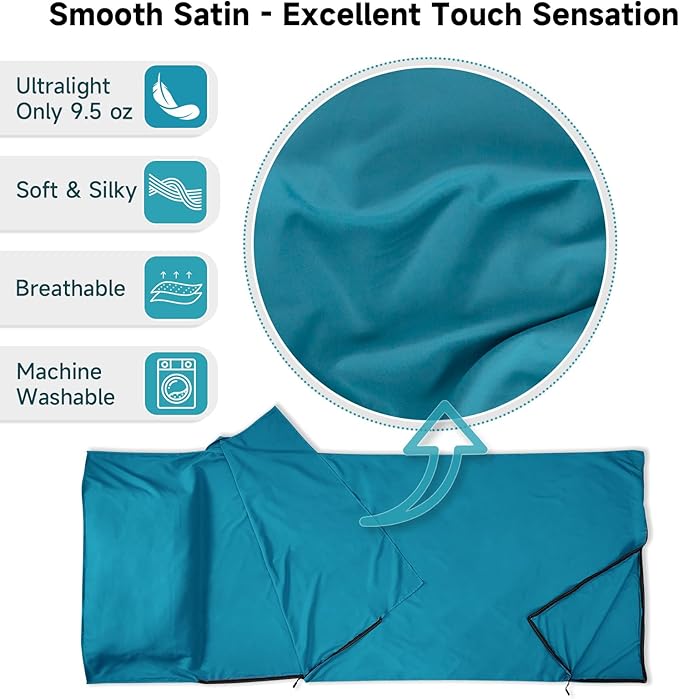 Sleeping Bag Liner, 9.5oz Ultralight Satin Travel Sheets for Hotel with Two Way Zippers, Silky Camping Sheets & Adult Sleep Sack for Backpacking Hiking Business Trips