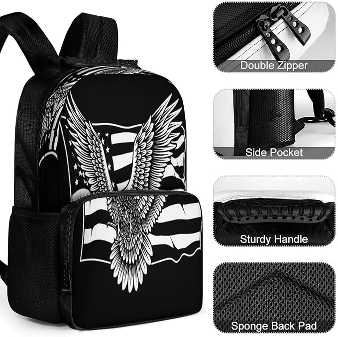 Lightweight Rucksack for Sports Travel Running, Big Capacity Multipurpose Anti-Theft Bookbag, Black And White American Flag Patriotic Usa Bald Eagle Pattern Travel and Sport Backpack Rucksack