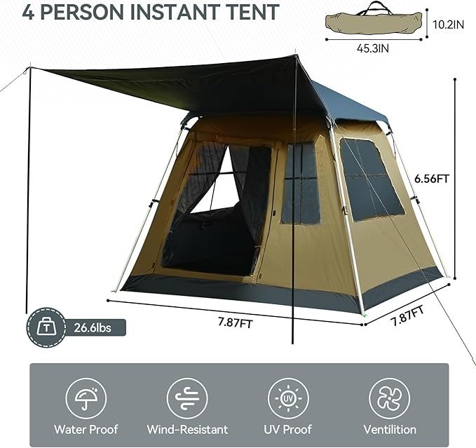 Instant Pop-Up Camping Tent with Removable Sunshade - 3-4 Person Dome Tent with UV Protection & Ventilation, Waterproof Windproof for Beach, Hiking, Outdoor.