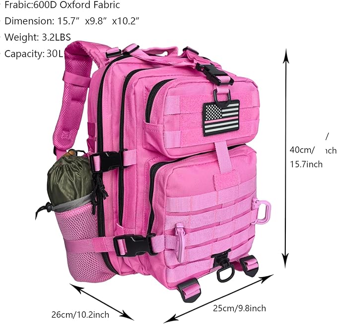 30L MOLLE Assault Pack, Tactical Backpack Military Army Camping Rucksack with Bottle Holder, 3-Day Pack, Pink