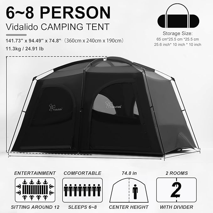 Vidalido Tents，6-8 Person Camping Tent with Extended Vestibule，2 Room Weather Resistant Family Tents，Easy Install Waterproof Outdoor Tent for Backpacking and Camping Hiking