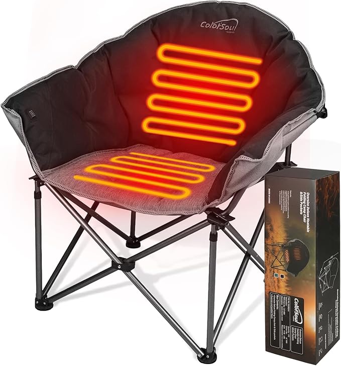 Colorsoul Oversized Heated Camping Chairs Heavy Duty, Fully Thick Padded Heated Chairs for Outdoor Sports, Heated Folding Chair for Adults Support 450lbs, 3 Heat Levels, Battery NOT Included