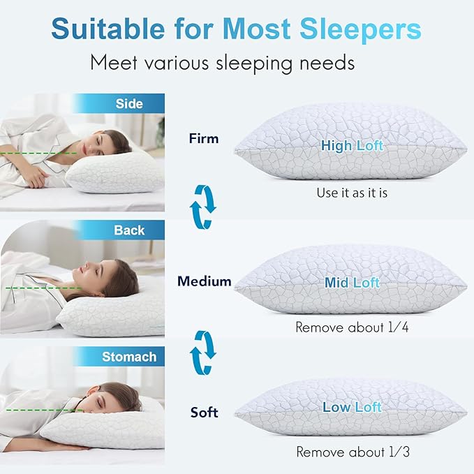 QUTOOL Cooling Pillows for Sleeping Shredded Memory Foam Pillows 1 Pack, Gel Bed Pillow for Hot Sleepers, Soft and Supportive, Adjustable Pillow for Side, Back Sleepers, Gifts for boyfriend, Women Men