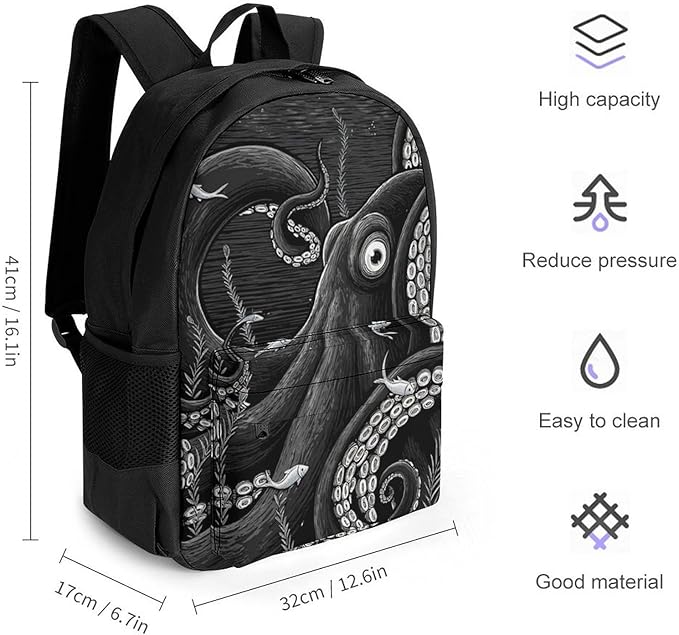 Supdreamc Polyester Daypack Backpack for Sports Travel Running, Big Capacity Anti-Theft Multipurpose Carry On Bag, Giant Squid Octopus Art Laptop Book Bag Rucksack