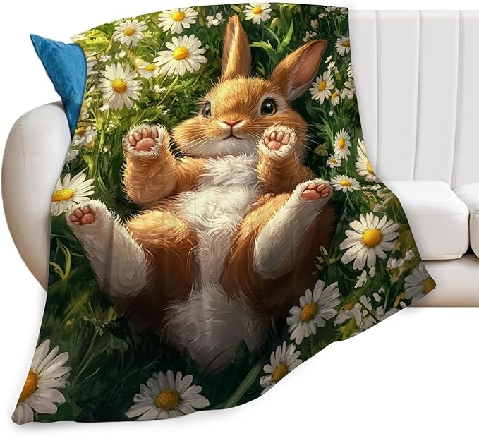 Cute Rabbit Blanket Bunny Hare Throw Blankets Daisy Gifts for Girls Boys Kids Rabbit Lover Soft Cozy Fleece Plush for Couch Sofa Bed 50"x40"