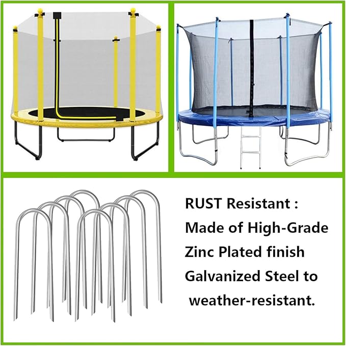 10inch Trampoline Stakes Heavy Duty Trampoline Parts Wind Stakes U Type 8pcs Ground Anchors High Wind Galvanized Steel Stakes for Trampoline Camping Tent Garden (Silver)