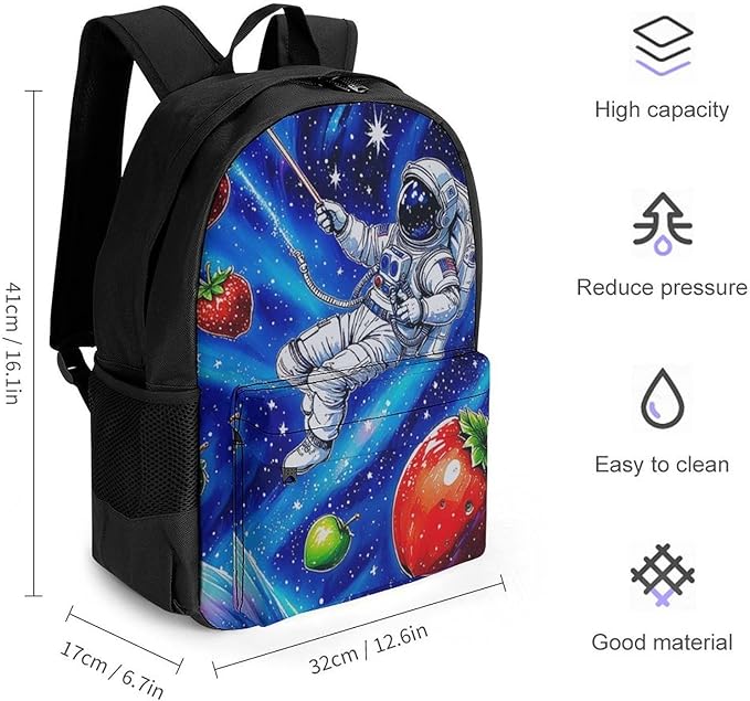 Supdreamc Backpack Multipurpose Anti-Theft Large Capacity Bookbag, Space Astronaut Galaxy Strawberry Art Travel Hiking Daypack With Side Pockets