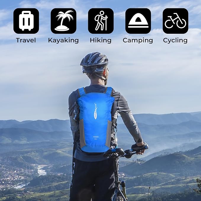 Ultralight Water Resistant Backpack for Men & Women, 15L Packable Hiking Daypack, Roll Top Closure Small Dry Bag Backpack for Cycling,Camping,Skiing, Boating (Blue)