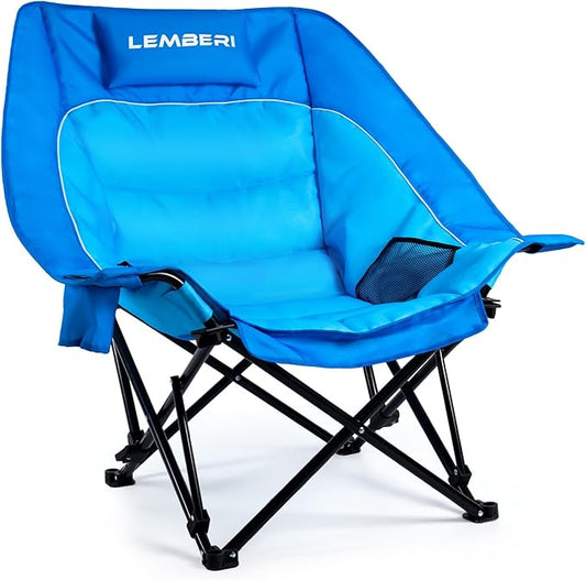 Outdoor Oversized Camping Chair, Heavy Duty Support 500 LBS for Adults, Portable Folding Wide Lawn Chair with Headrest Support and Cup Holder, Low Camping Chair for Fishing, Garden, Blue